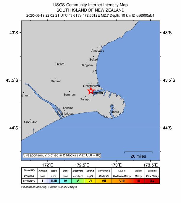 USGS DYFI community-reported intensity map for the M2.7 earthquake near 8 km S of Christchurch, New Zealand
