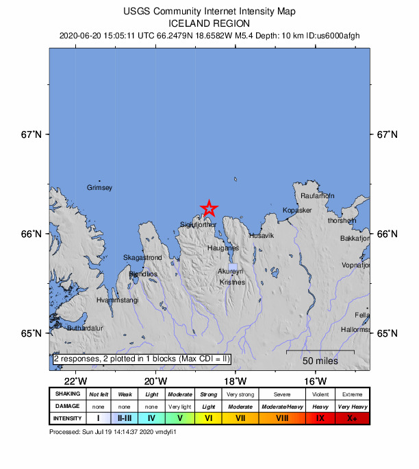 USGS DYFI community-reported intensity map for the M5.4 earthquake near 15 km NE of Siglufjörður, Iceland