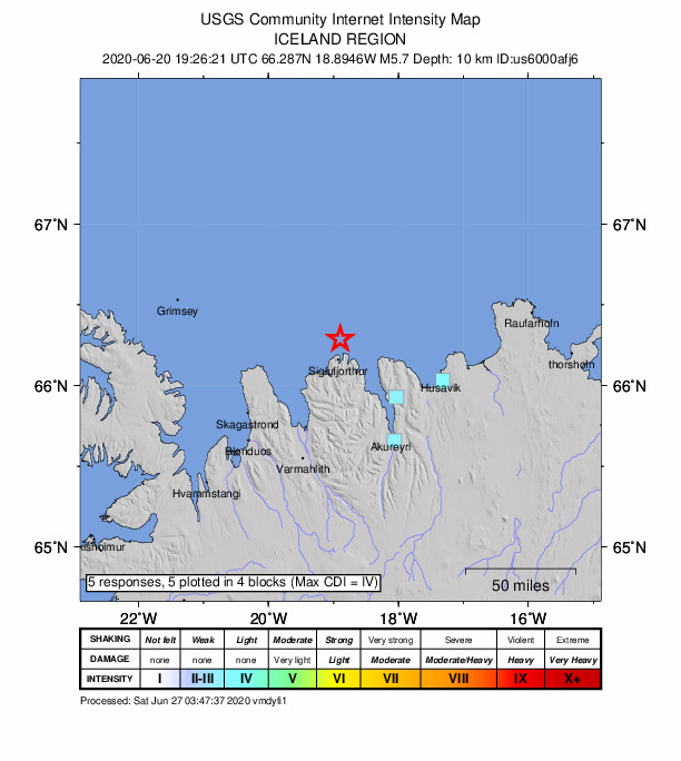 USGS DYFI community-reported intensity map for the M5.7 earthquake near 15 km N of Siglufjörður, Iceland