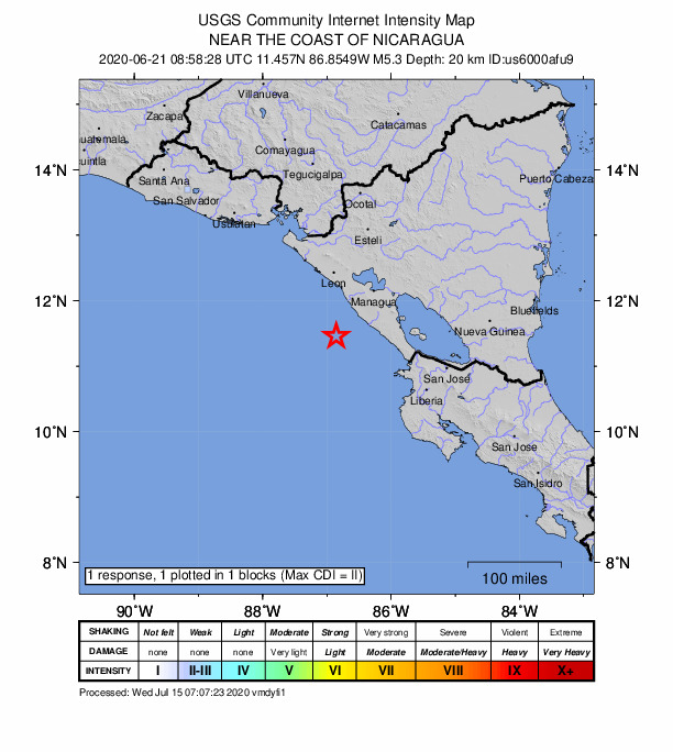 USGS DYFI community-reported intensity map for the M5.3 earthquake near 51 km SW of Masachapa, Nicaragua