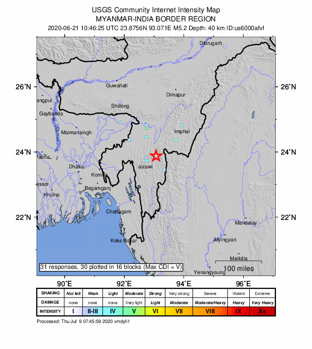USGS DYFI community-reported intensity map for the M4.9 earthquake near 22 km ESE of Darlawn, India