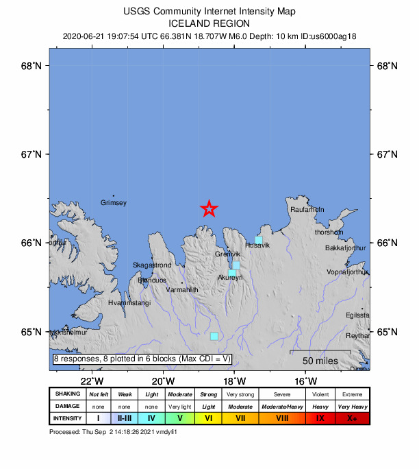 USGS DYFI community-reported intensity map for the M6.0 earthquake near 27 km NNE of Siglufjörður, Iceland