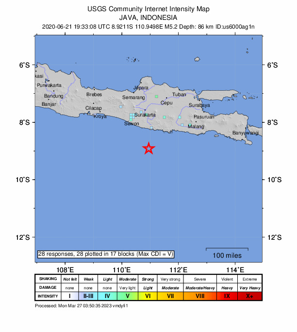 USGS DYFI community-reported intensity map for the M5.2 earthquake near 116 km S of Jatiroto, Indonesia