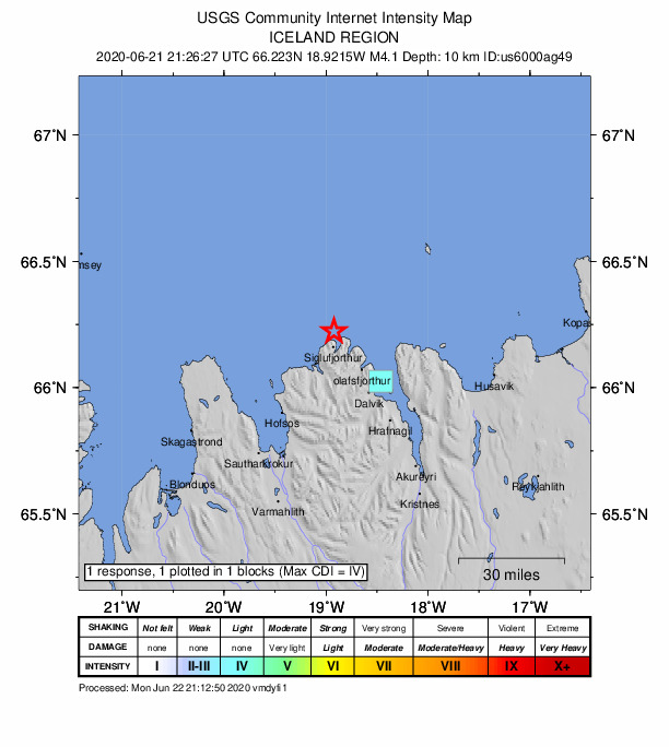 USGS DYFI community-reported intensity map for the M4.1 earthquake near 7 km N of Siglufjörður, Iceland