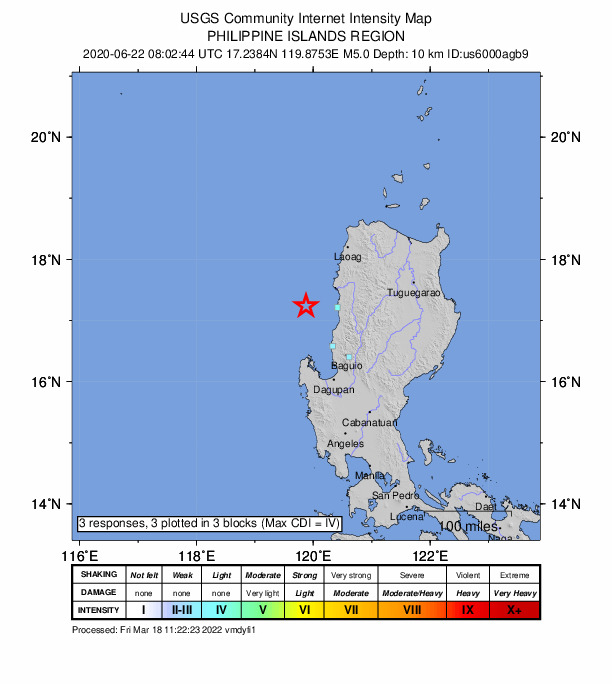USGS DYFI community-reported intensity map for the M5.0 earthquake near 57 km W of Darapidap, Philippines