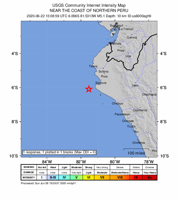 USGS DYFI community-reported intensity map for the M5.1 earthquake near 98 km SW of Sechura, Peru