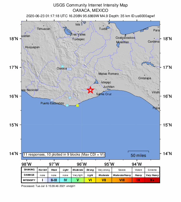 USGS DYFI community-reported intensity map for the M4.9 earthquake near 10 km SSE of Asunción Tlacolulita, Mexico