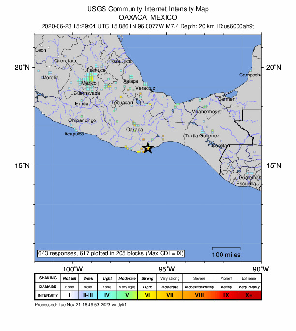 USGS DYFI community-reported intensity map for the M7.4 earthquake near 9 km SE of Santa María Xadani, Mexico