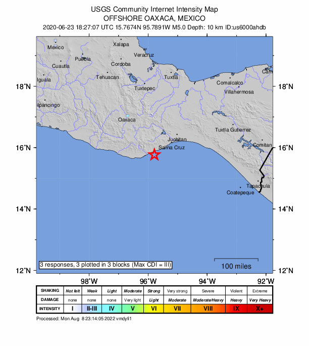 USGS DYFI community-reported intensity map for the M5.0 earthquake near 16 km S of El Coyul, Mexico