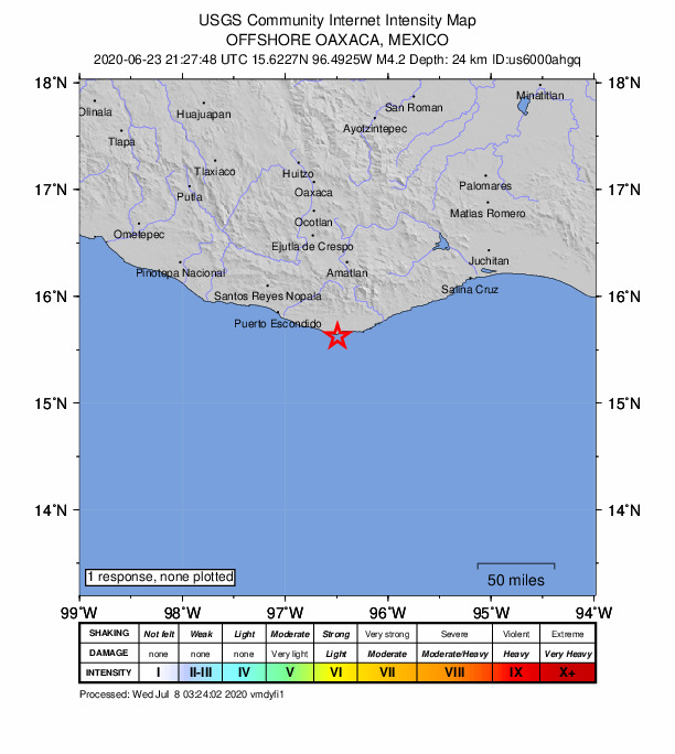 USGS DYFI community-reported intensity map for the M4.2 earthquake near 8 km SSW of Puerto Ángel, Mexico