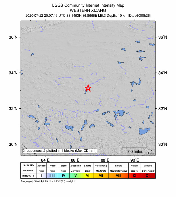 USGS DYFI community-reported intensity map for the M6.3 earthquake near western Xizang