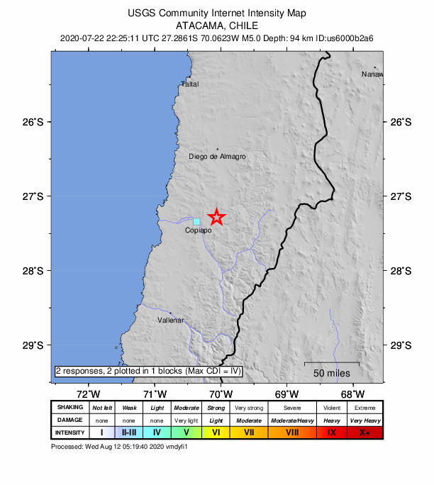 USGS DYFI community-reported intensity map for the M5.0 earthquake near 28 km ENE of Copiapó, Chile