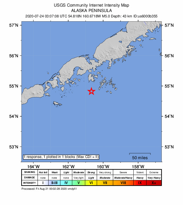 USGS DYFI community-reported intensity map for the M5.0 earthquake near 58 km S of Sand Point, Alaska