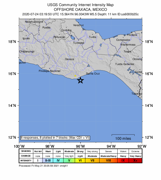 USGS DYFI community-reported intensity map for the M5.5 earthquake near 26 km SSE of Crucecita, Mexico
