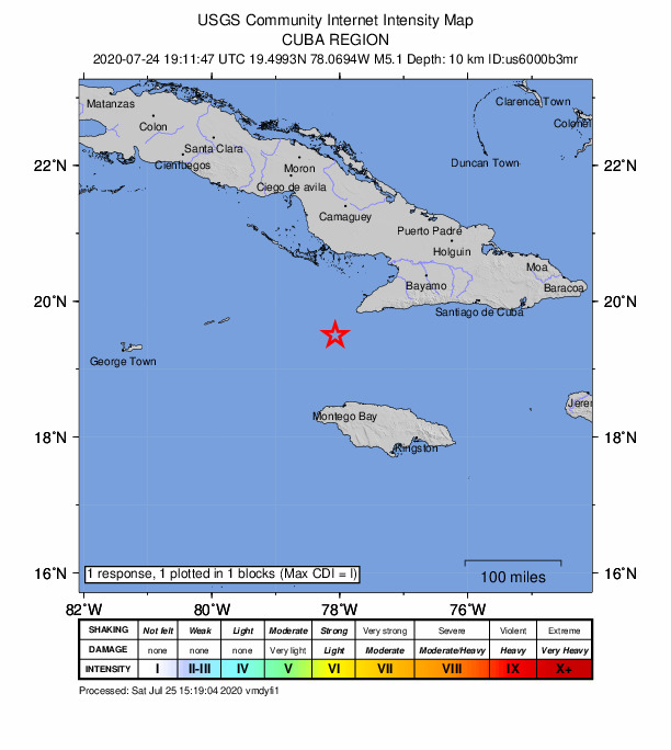 USGS DYFI community-reported intensity map for the M5.1 earthquake near 81 km SW of Niquero, Cuba