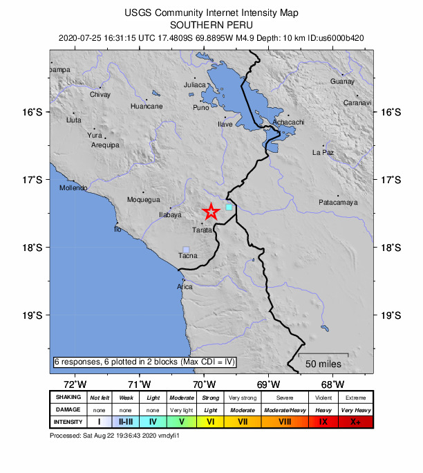 USGS DYFI community-reported intensity map for the M4.9 earthquake near 15 km E of Tarata, Peru