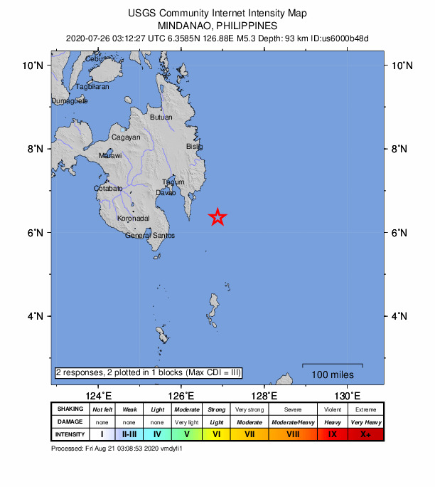 USGS DYFI community-reported intensity map for the M5.3 earthquake near 78 km E of Pondaguitan, Philippines