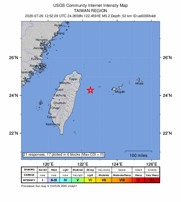 USGS DYFI community-reported intensity map for the M5.2 earthquake near 58 km WSW of Yonakuni, Japan