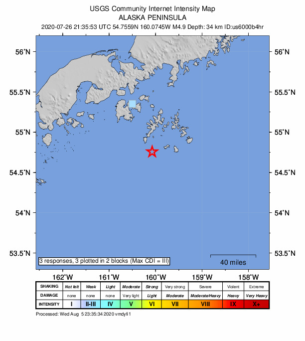 USGS DYFI community-reported intensity map for the M4.9 earthquake near 68 km SSE of Sand Point, Alaska