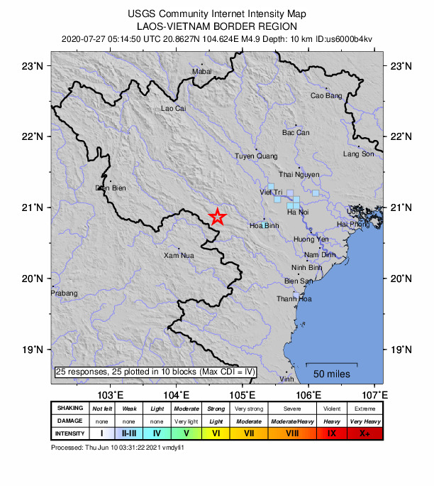 USGS DYFI community-reported intensity map for the M4.9 earthquake near ~120km W of Hanoi, Vietnam