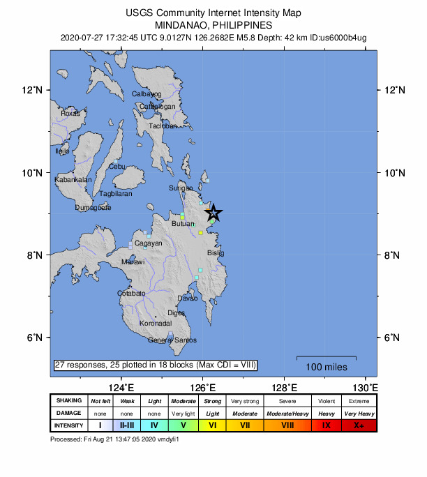 USGS DYFI community-reported intensity map for the M5.8 earthquake near 3 km N of La Paz, Philippines