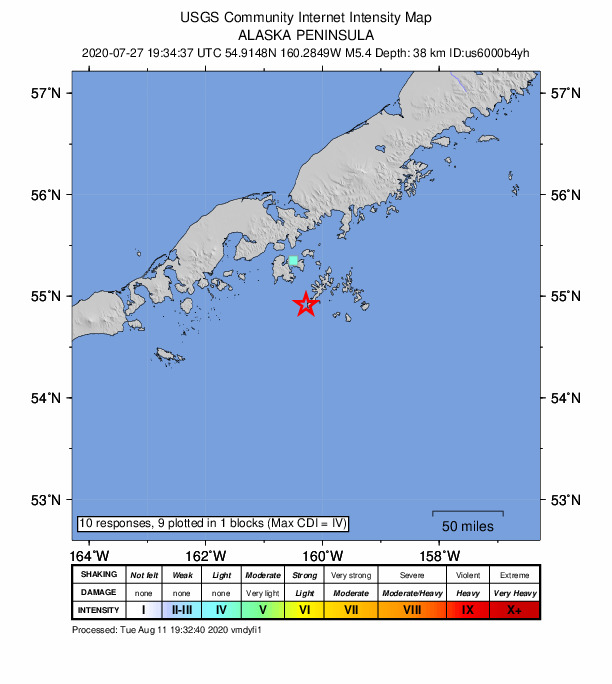USGS DYFI community-reported intensity map for the M5.5 earthquake near 46 km SSE of Sand Point, Alaska