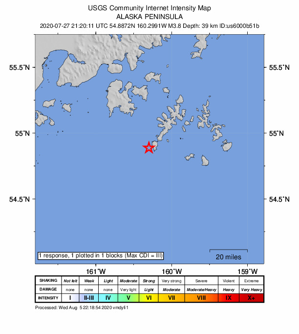 USGS DYFI community-reported intensity map for the M3.8 earthquake near 51 km SSE of Sand Point, Alaska