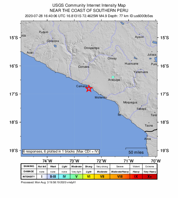 USGS DYFI community-reported intensity map for the M4.9 earthquake near 10 km SSW of Quilca, Peru