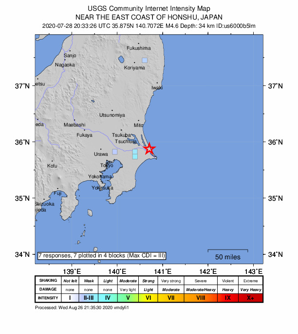 USGS DYFI community-reported intensity map for the M4.6 earthquake near 8 km ENE of Omigawa, Japan