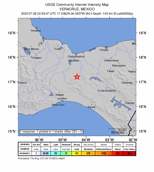 USGS DYFI community-reported intensity map for the M4.4 earthquake near 10 km SE of Poblado 10, Mexico