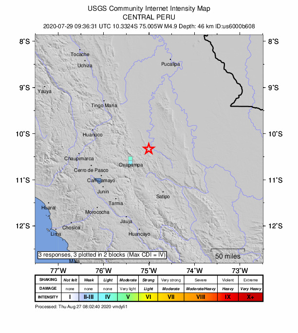 USGS DYFI community-reported intensity map for the M4.9 earthquake near 51 km ENE of Oxapampa, Peru
