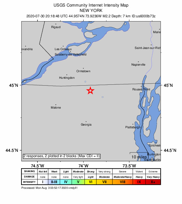 USGS DYFI community-reported intensity map for the M2.2 earthquake near 8 km S of Franklin, Canada