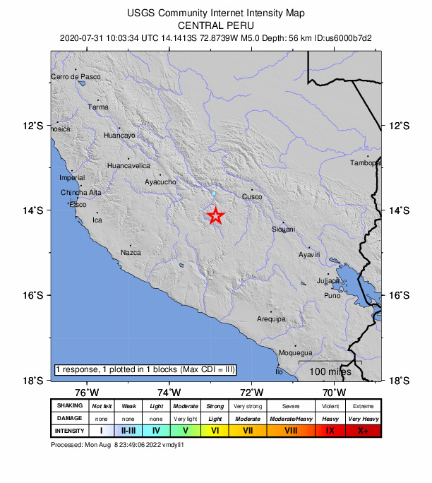 USGS DYFI community-reported intensity map for the M5.0 earthquake near 17 km ENE of Pachaconas, Peru