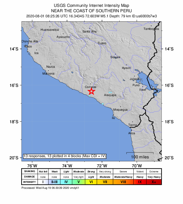 USGS DYFI community-reported intensity map for the M5.1 earthquake near 31 km NNE of El Cardo, Peru