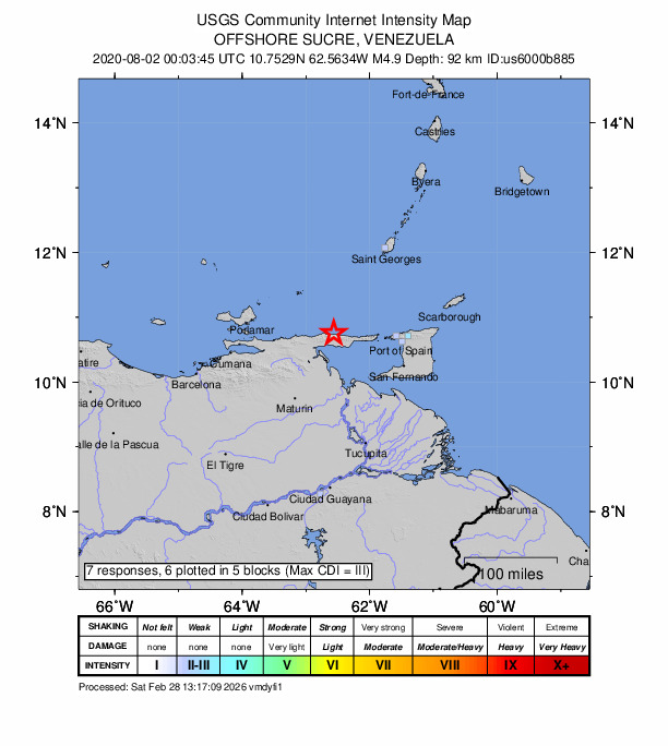 USGS DYFI community-reported intensity map for the M4.9 earthquake near 34 km NW of Güiria, Venezuela