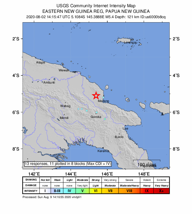 USGS DYFI community-reported intensity map for the M5.4 earthquake near 48 km WNW of Madang, Papua New Guinea