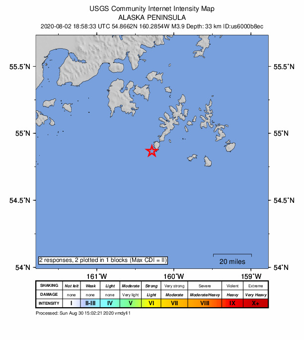 USGS DYFI community-reported intensity map for the M3.9 earthquake near 54 km SSE of Sand Point, Alaska