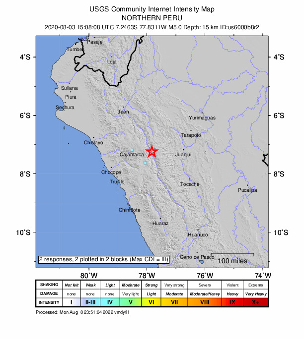 USGS DYFI community-reported intensity map for the M5.0 earthquake near 26 km ENE of Shirac, Peru