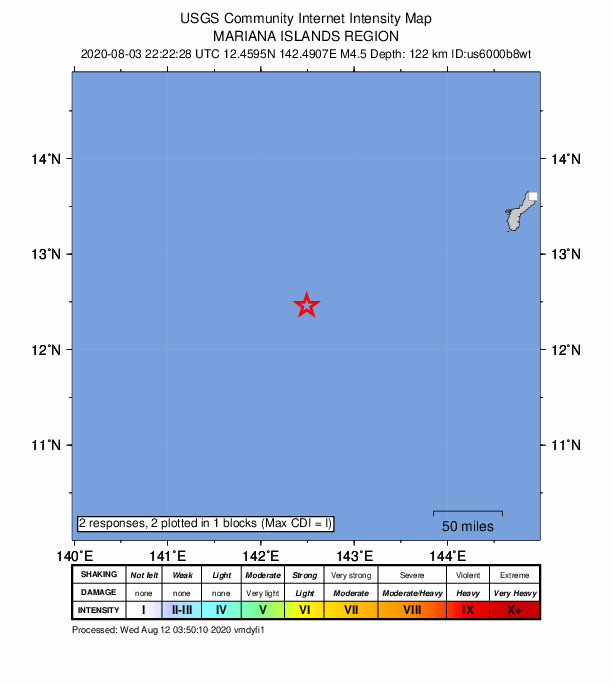 USGS DYFI community-reported intensity map for the M4.5 earthquake near 252 km WSW of Merizo Village, Guam