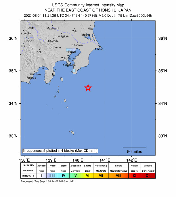 USGS DYFI community-reported intensity map for the M5.0 earthquake near 73 km SE of Tateyama, Japan