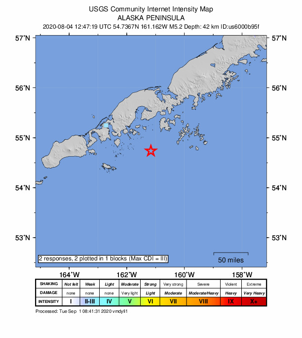 USGS DYFI community-reported intensity map for the M5.2 earthquake near 79 km SSW of Sand Point, Alaska