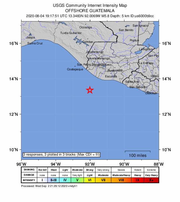 USGS DYFI community-reported intensity map for the M5.8 earthquake near 105 km S of Champerico, Guatemala