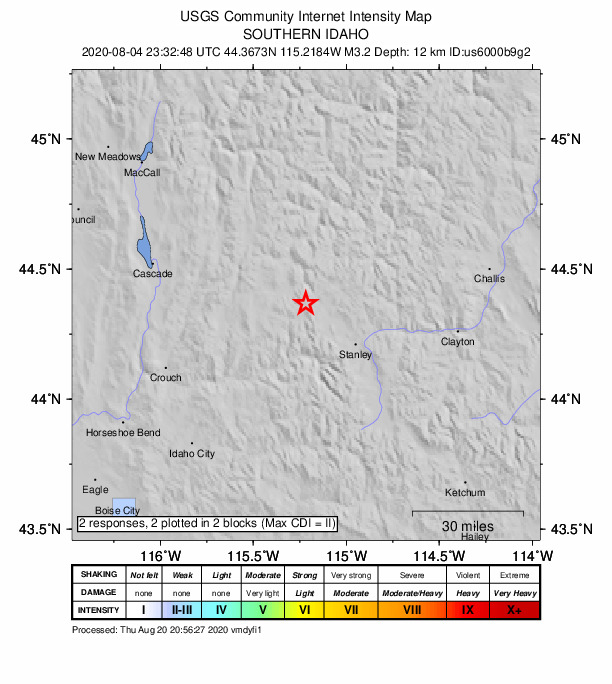 USGS DYFI community-reported intensity map for the M3.2 earthquake near 27 km NW of Stanley, Idaho