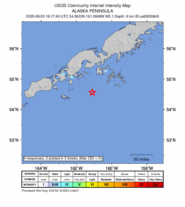 USGS DYFI community-reported intensity map for the M5.1 earthquake near 94 km SSW of Sand Point, Alaska