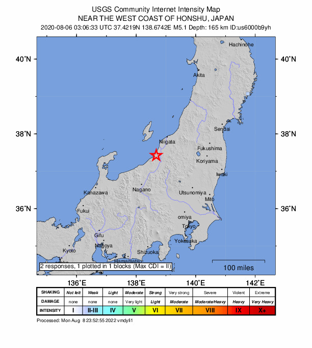 USGS DYFI community-reported intensity map for the M5.1 earthquake near 12 km ENE of Kashiwazaki, Japan