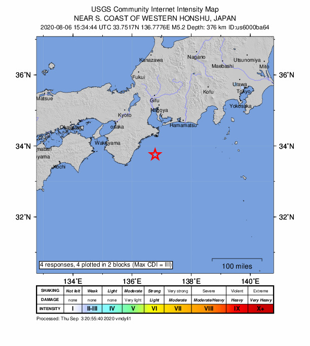 USGS DYFI community-reported intensity map for the M5.2 earthquake near 63 km ESE of Owase, Japan