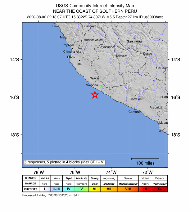 USGS DYFI community-reported intensity map for the M5.3 earthquake near 50 km W of Atiquipa, Peru