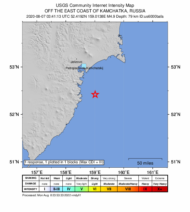 USGS DYFI community-reported intensity map for the M4.9 earthquake near 70 km SE of Vilyuchinsk, Russia
