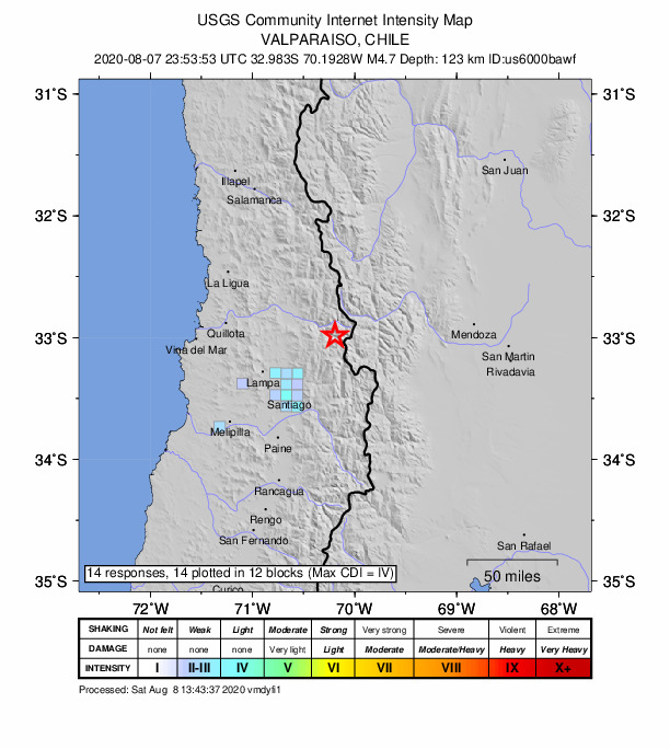USGS DYFI community-reported intensity map for the M4.7 earthquake near 41 km ESE of Los Andes, Chile