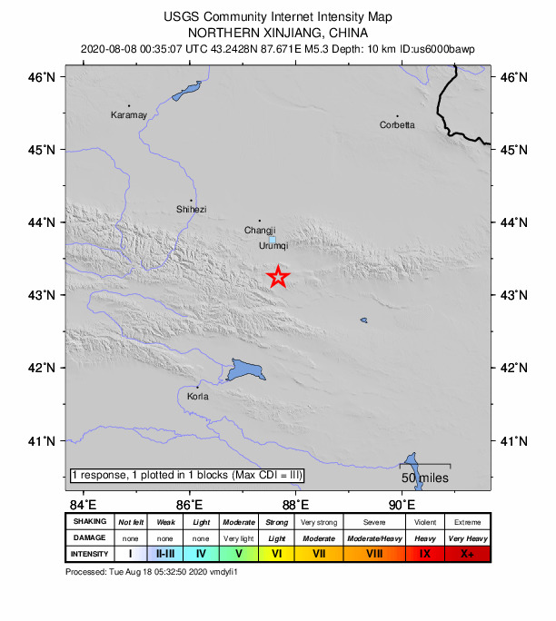 USGS DYFI community-reported intensity map for the M5.3 earthquake near 62 km S of Ürümqi, China